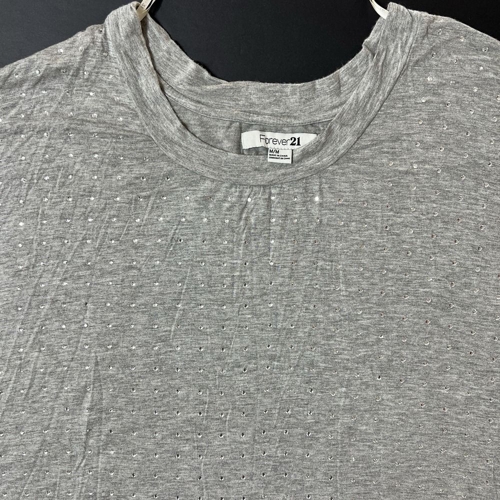 Forever 21 Women's Oversized Blouse Size M Gray Rhinestones Y2K Glam Going Out
